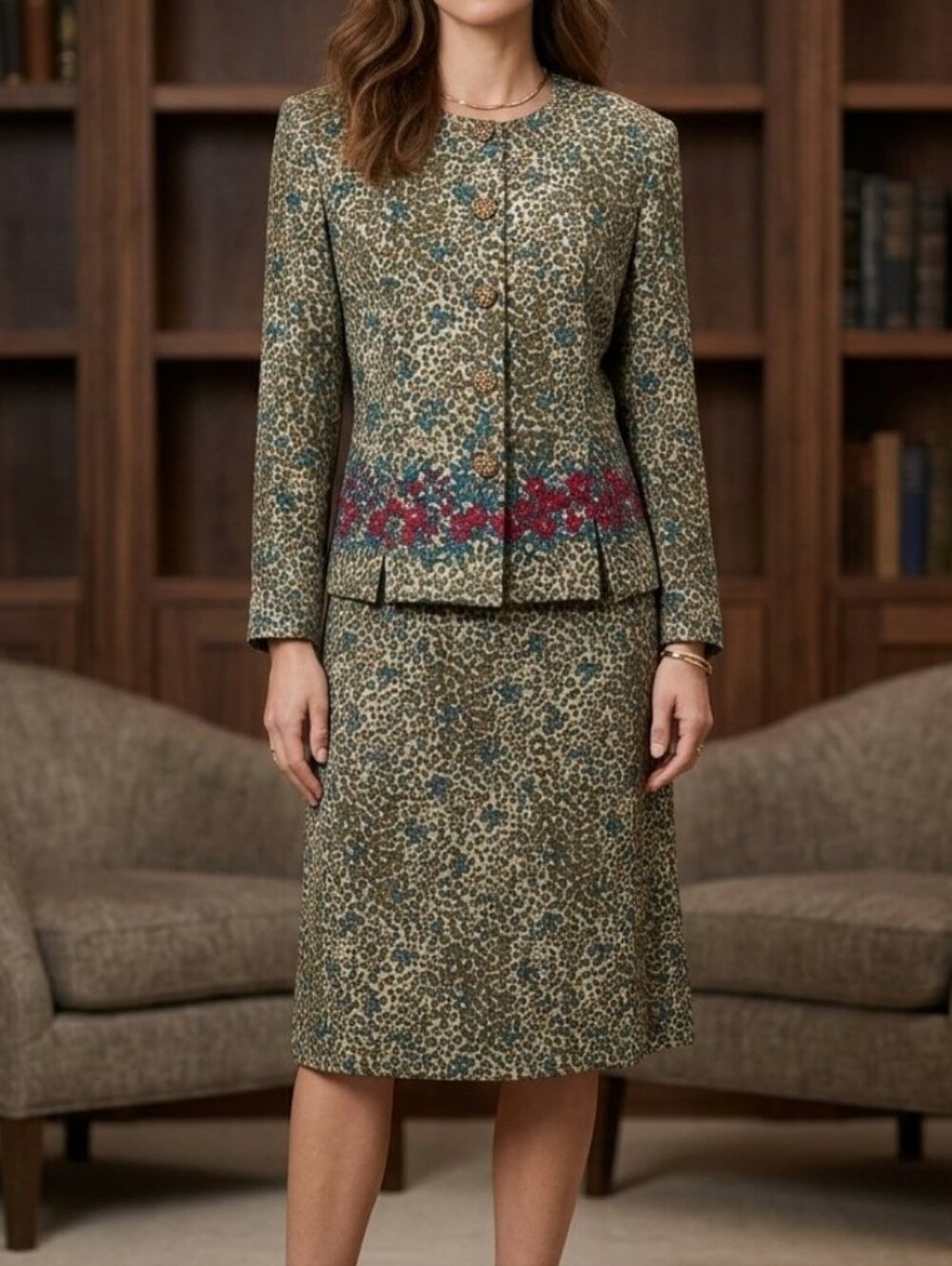 Vtg Leslie Fay 2 Pc Animal Floral Print Career Skirt Set